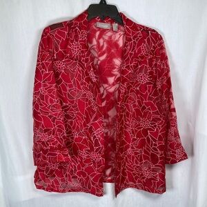 Chico's Vibrant Red Sheer Floral Kimono Jacket Sz 2/L/12-14